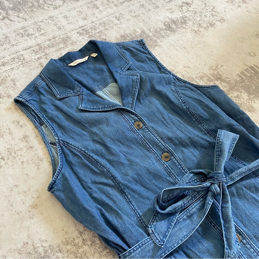Soft Surroundings Blue Denim Sleeveless‎ Button Up Tie Waist MIDI Dress Medium - Picture 4 of 10